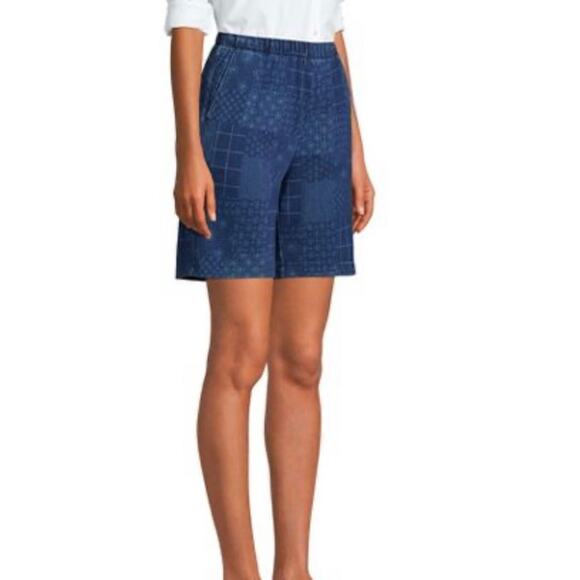 NEW Lands' End Size S High Rise Elastic Waist Pull On Shorts in Indigo Patchwork - Picture 1 of 12